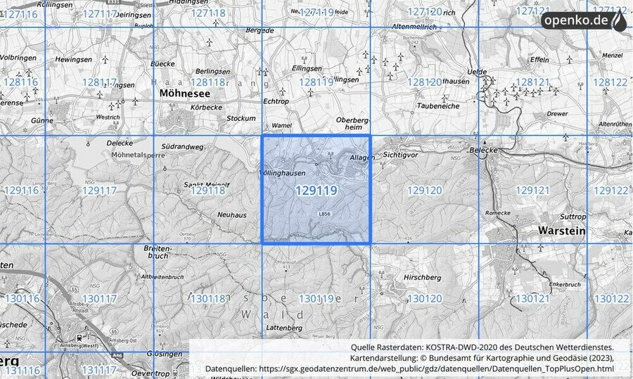 Übersichtskarte des KOSTRA-DWD-2020-Rasterfeldes Nr. 129119