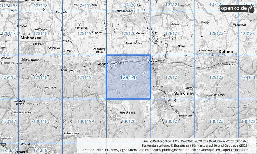 Übersichtskarte des KOSTRA-DWD-2020-Rasterfeldes Nr. 129120