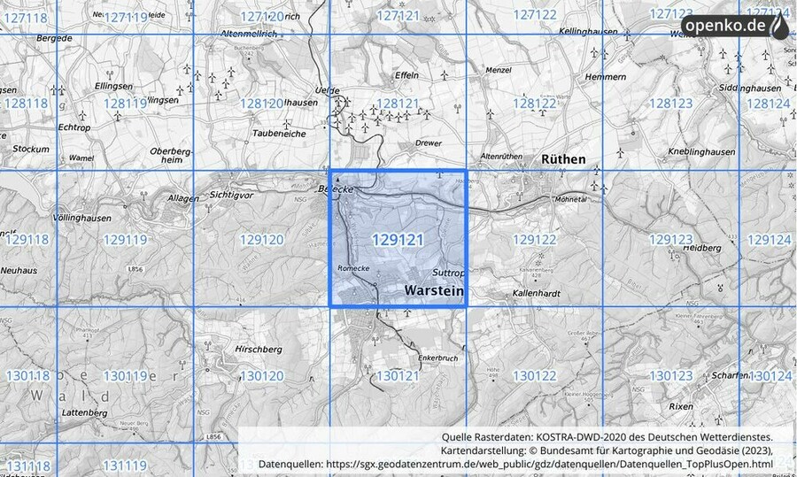 Übersichtskarte des KOSTRA-DWD-2020-Rasterfeldes Nr. 129121