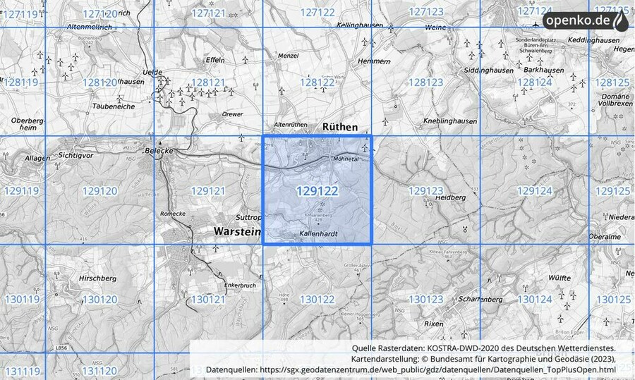 Übersichtskarte des KOSTRA-DWD-2020-Rasterfeldes Nr. 129122