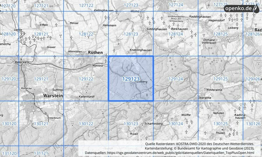 Übersichtskarte des KOSTRA-DWD-2020-Rasterfeldes Nr. 129123