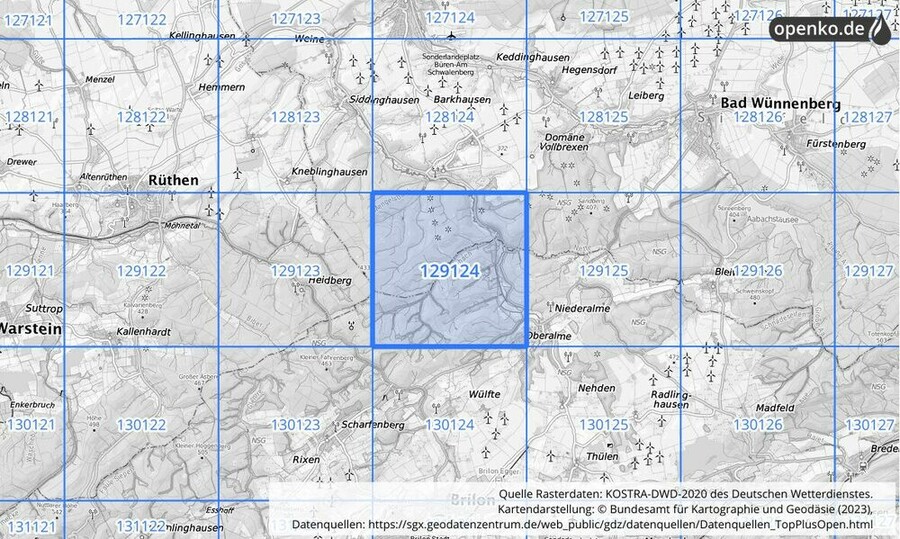 Übersichtskarte des KOSTRA-DWD-2020-Rasterfeldes Nr. 129124