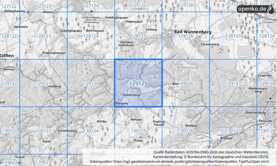 Übersichtskarte des KOSTRA-DWD-2020-Rasterfeldes Nr. 129125