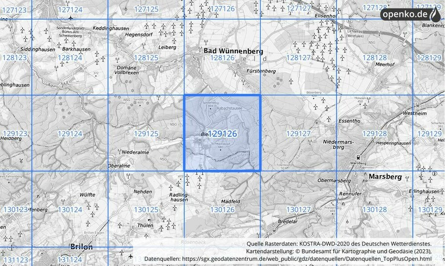 Übersichtskarte des KOSTRA-DWD-2020-Rasterfeldes Nr. 129126