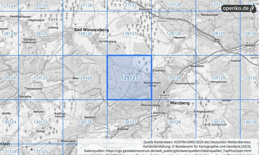 Übersichtskarte des KOSTRA-DWD-2020-Rasterfeldes Nr. 129127