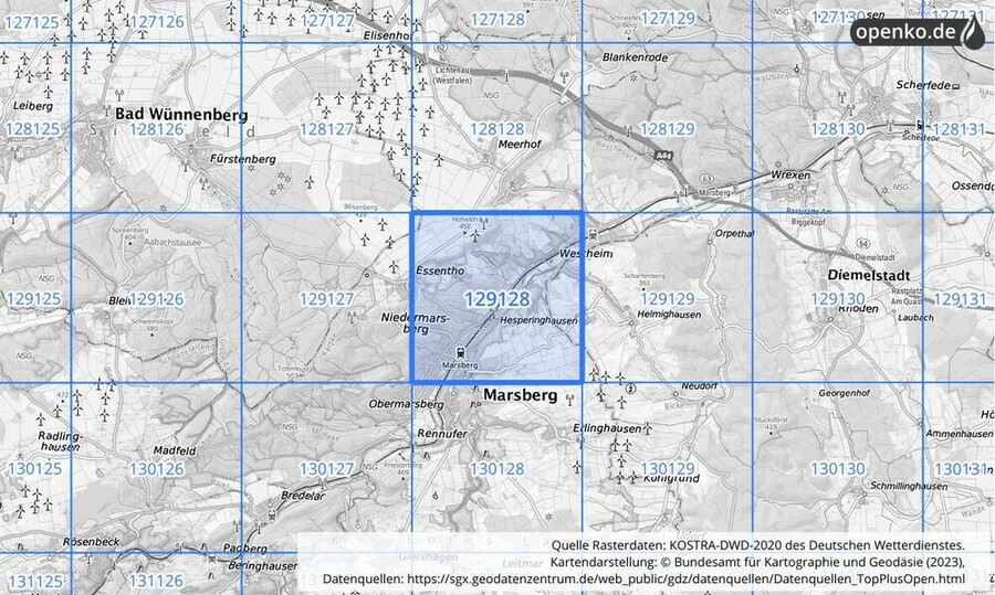 Übersichtskarte des KOSTRA-DWD-2020-Rasterfeldes Nr. 129128