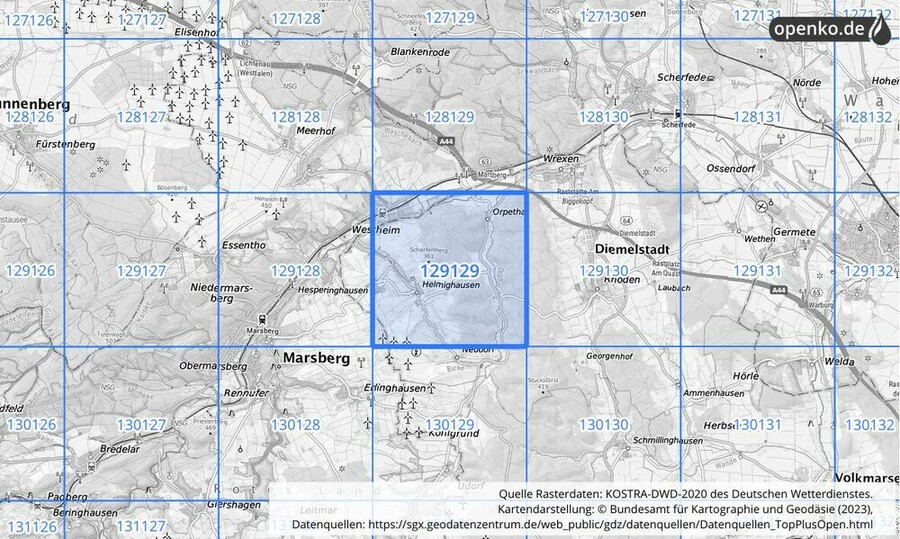 Übersichtskarte des KOSTRA-DWD-2020-Rasterfeldes Nr. 129129