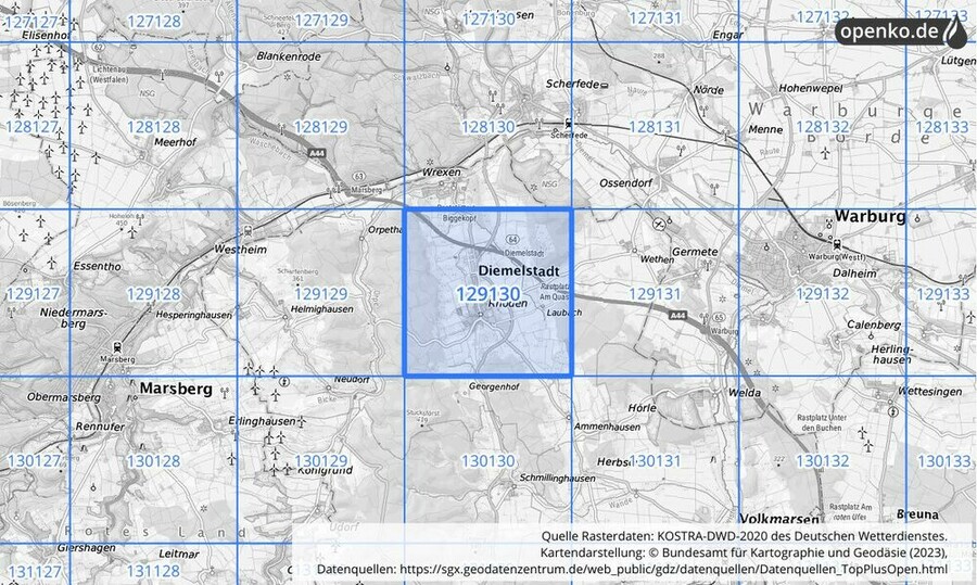 Übersichtskarte des KOSTRA-DWD-2020-Rasterfeldes Nr. 129130