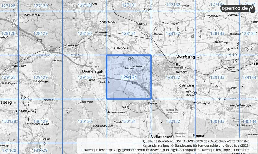 Übersichtskarte des KOSTRA-DWD-2020-Rasterfeldes Nr. 129131