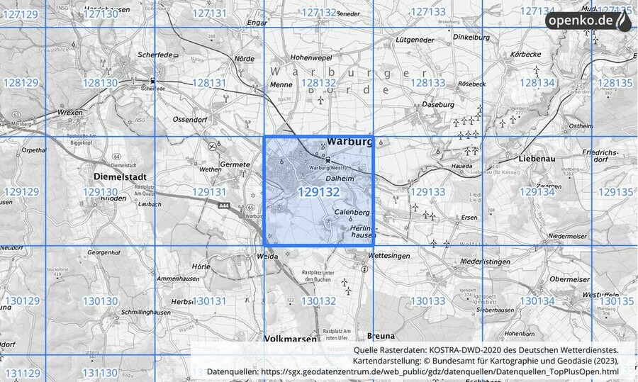 Übersichtskarte des KOSTRA-DWD-2020-Rasterfeldes Nr. 129132