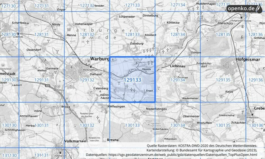 Übersichtskarte des KOSTRA-DWD-2020-Rasterfeldes Nr. 129133