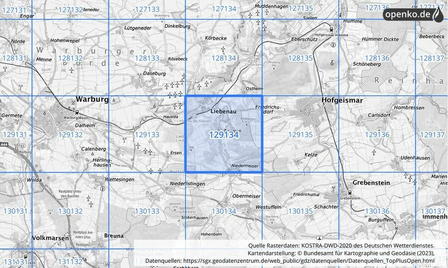 Übersichtskarte des KOSTRA-DWD-2020-Rasterfeldes Nr. 129134