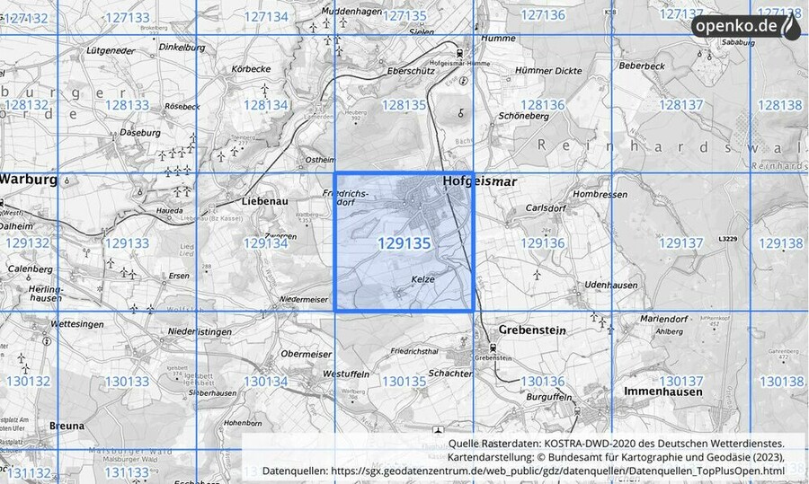 Übersichtskarte des KOSTRA-DWD-2020-Rasterfeldes Nr. 129135