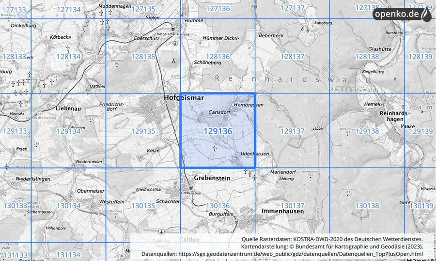 Übersichtskarte des KOSTRA-DWD-2020-Rasterfeldes Nr. 129136