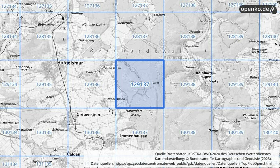 Übersichtskarte des KOSTRA-DWD-2020-Rasterfeldes Nr. 129137