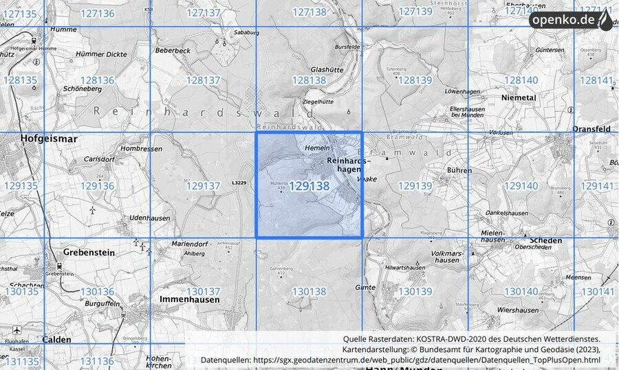 Übersichtskarte des KOSTRA-DWD-2020-Rasterfeldes Nr. 129138