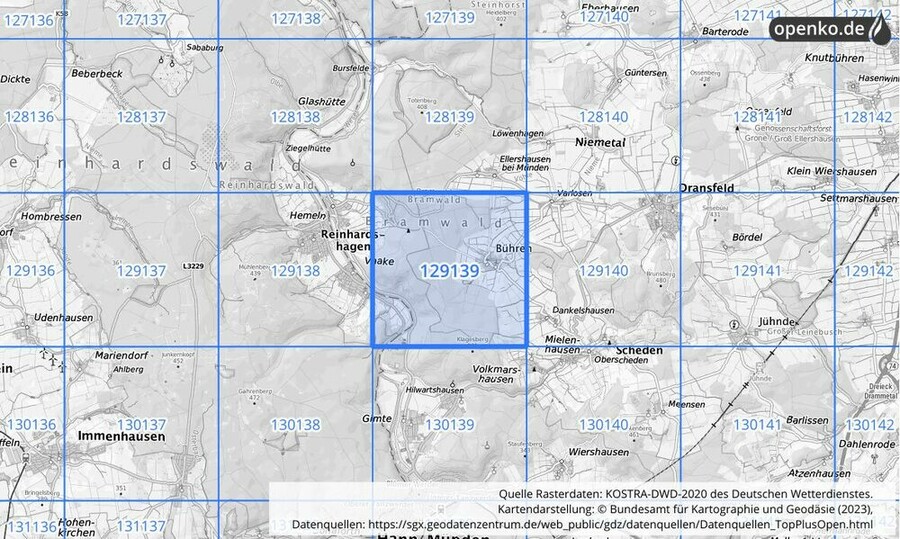 Übersichtskarte des KOSTRA-DWD-2020-Rasterfeldes Nr. 129139