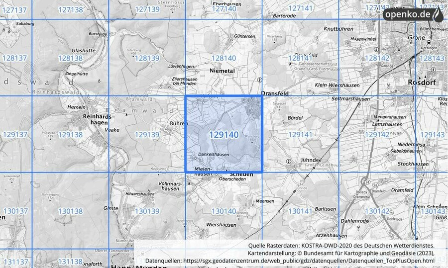 Übersichtskarte des KOSTRA-DWD-2020-Rasterfeldes Nr. 129140