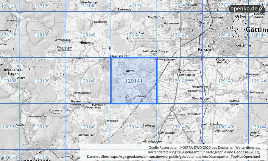 Übersichtskarte des KOSTRA-DWD-2020-Rasterfeldes Nr. 129141