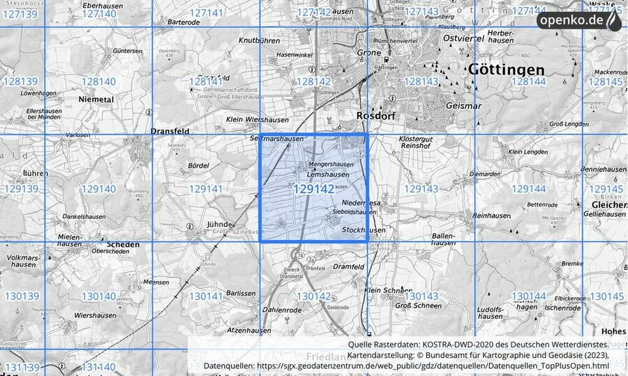 Übersichtskarte des KOSTRA-DWD-2020-Rasterfeldes Nr. 129142