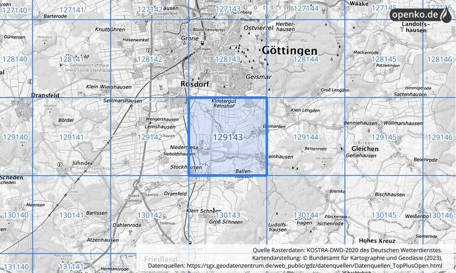 Übersichtskarte des KOSTRA-DWD-2020-Rasterfeldes Nr. 129143