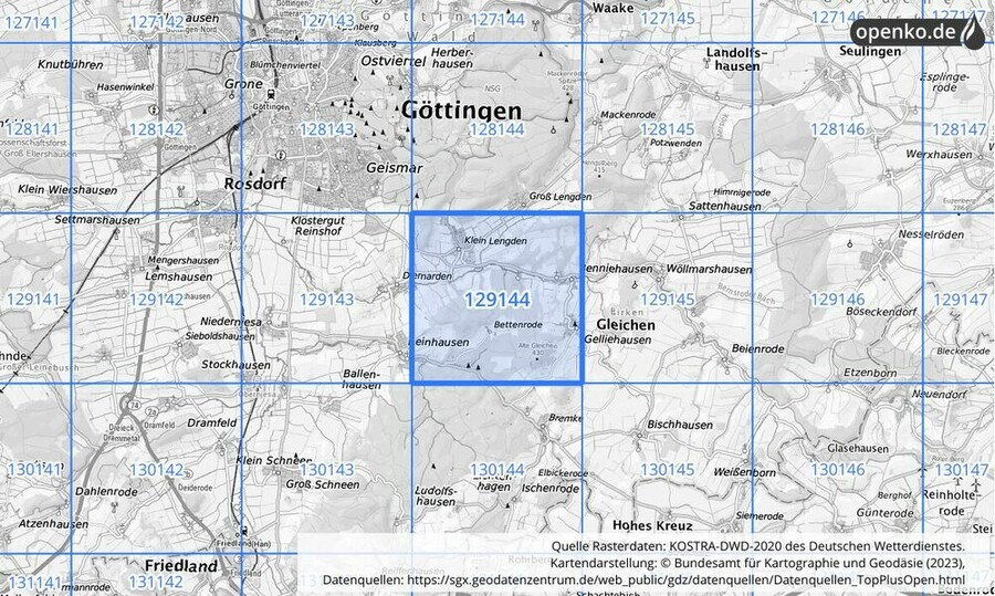 Übersichtskarte des KOSTRA-DWD-2020-Rasterfeldes Nr. 129144