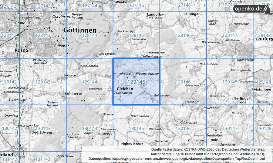 Übersichtskarte des KOSTRA-DWD-2020-Rasterfeldes Nr. 129145