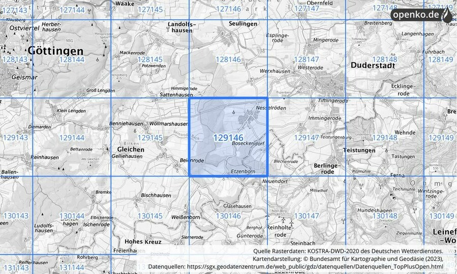 Übersichtskarte des KOSTRA-DWD-2020-Rasterfeldes Nr. 129146