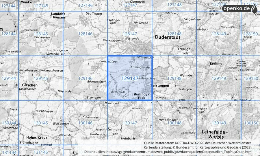 Übersichtskarte des KOSTRA-DWD-2020-Rasterfeldes Nr. 129147