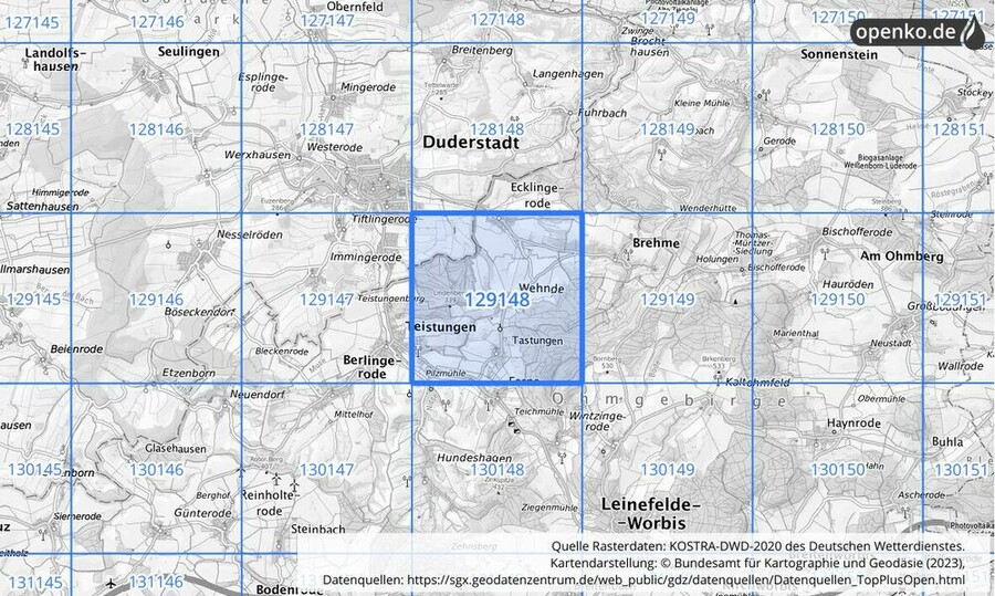 Übersichtskarte des KOSTRA-DWD-2020-Rasterfeldes Nr. 129148