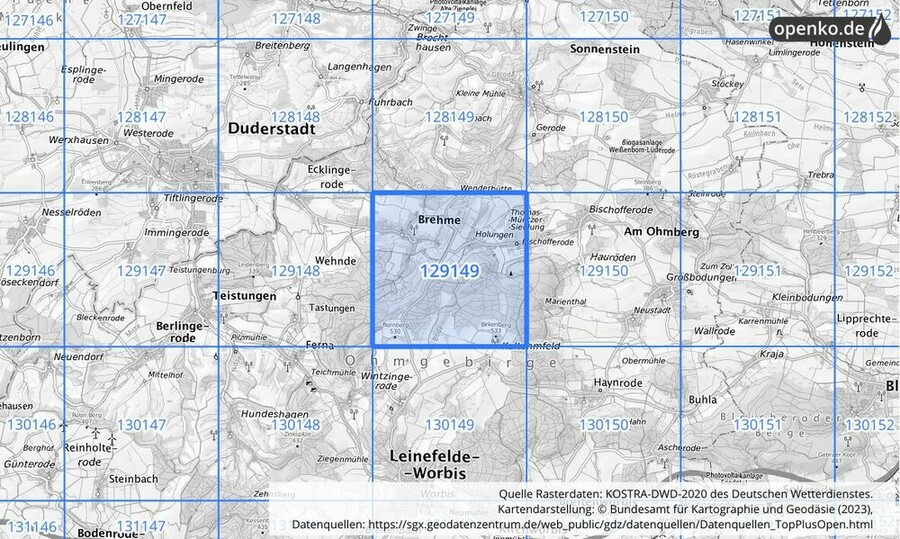 Übersichtskarte des KOSTRA-DWD-2020-Rasterfeldes Nr. 129149