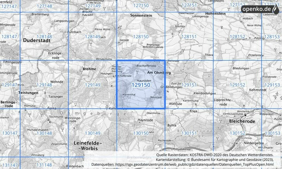 Übersichtskarte des KOSTRA-DWD-2020-Rasterfeldes Nr. 129150