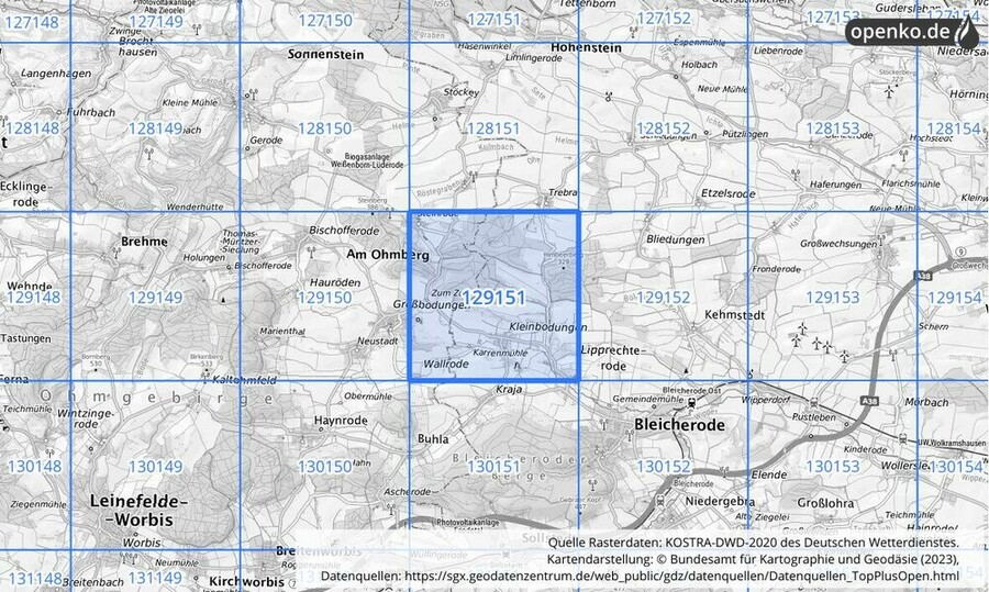 Übersichtskarte des KOSTRA-DWD-2020-Rasterfeldes Nr. 129151