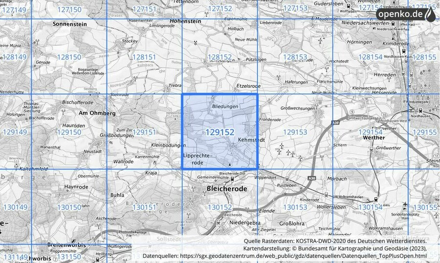 Übersichtskarte des KOSTRA-DWD-2020-Rasterfeldes Nr. 129152