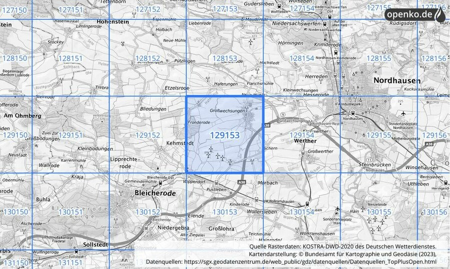 Übersichtskarte des KOSTRA-DWD-2020-Rasterfeldes Nr. 129153