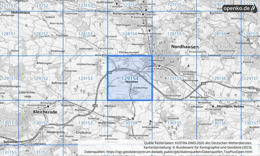 Übersichtskarte des KOSTRA-DWD-2020-Rasterfeldes Nr. 129154