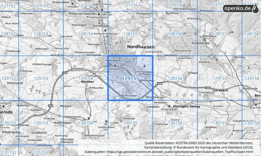 Übersichtskarte des KOSTRA-DWD-2020-Rasterfeldes Nr. 129155