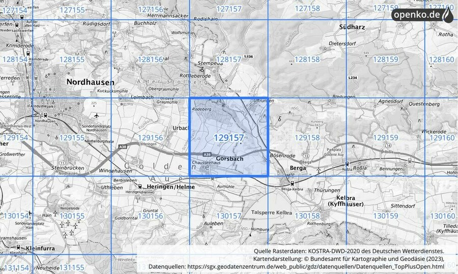 Übersichtskarte des KOSTRA-DWD-2020-Rasterfeldes Nr. 129157