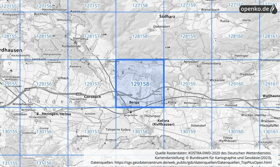 Übersichtskarte des KOSTRA-DWD-2020-Rasterfeldes Nr. 129158