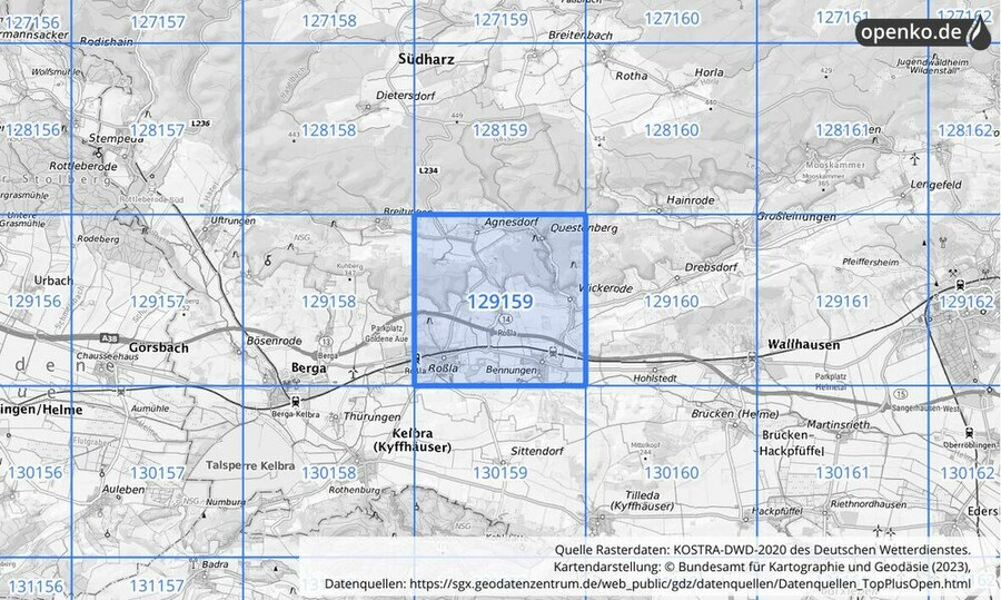 Übersichtskarte des KOSTRA-DWD-2020-Rasterfeldes Nr. 129159