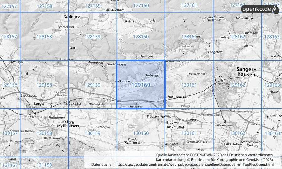 Übersichtskarte des KOSTRA-DWD-2020-Rasterfeldes Nr. 129160