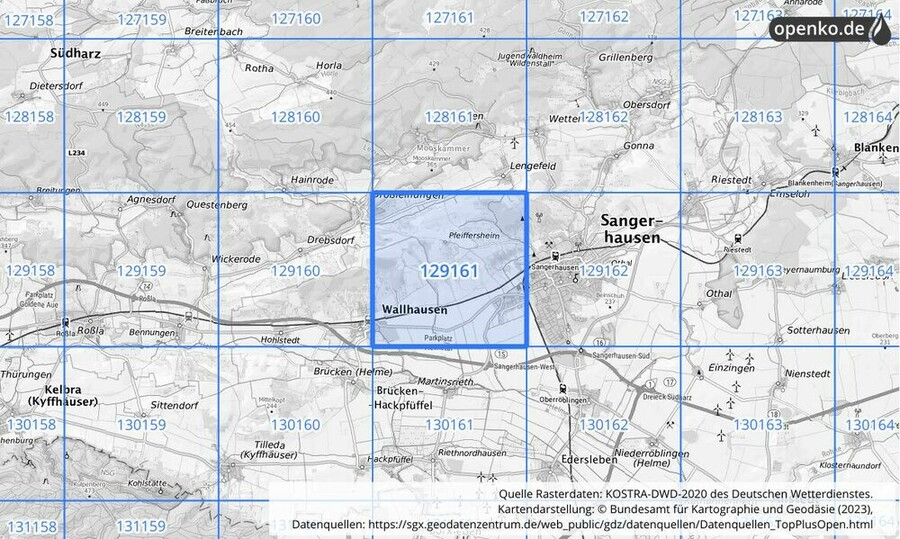 Übersichtskarte des KOSTRA-DWD-2020-Rasterfeldes Nr. 129161