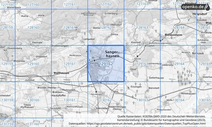 Übersichtskarte des KOSTRA-DWD-2020-Rasterfeldes Nr. 129162