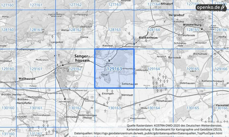 Übersichtskarte des KOSTRA-DWD-2020-Rasterfeldes Nr. 129163