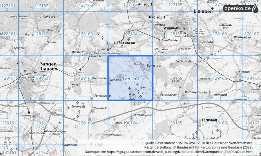 Übersichtskarte des KOSTRA-DWD-2020-Rasterfeldes Nr. 129164