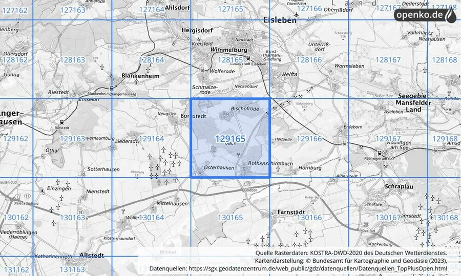 Übersichtskarte des KOSTRA-DWD-2020-Rasterfeldes Nr. 129165