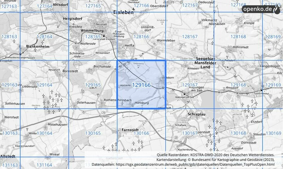 Übersichtskarte des KOSTRA-DWD-2020-Rasterfeldes Nr. 129166