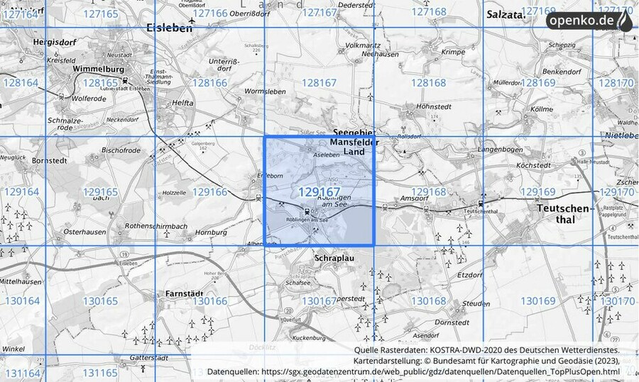 Übersichtskarte des KOSTRA-DWD-2020-Rasterfeldes Nr. 129167