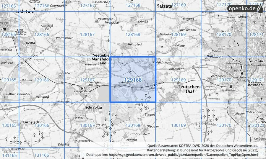 Übersichtskarte des KOSTRA-DWD-2020-Rasterfeldes Nr. 129168