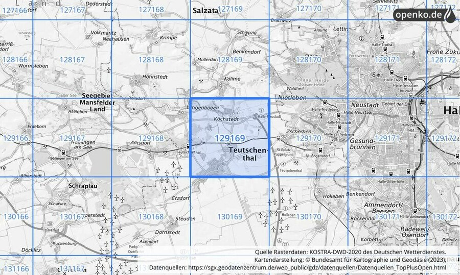 Übersichtskarte des KOSTRA-DWD-2020-Rasterfeldes Nr. 129169